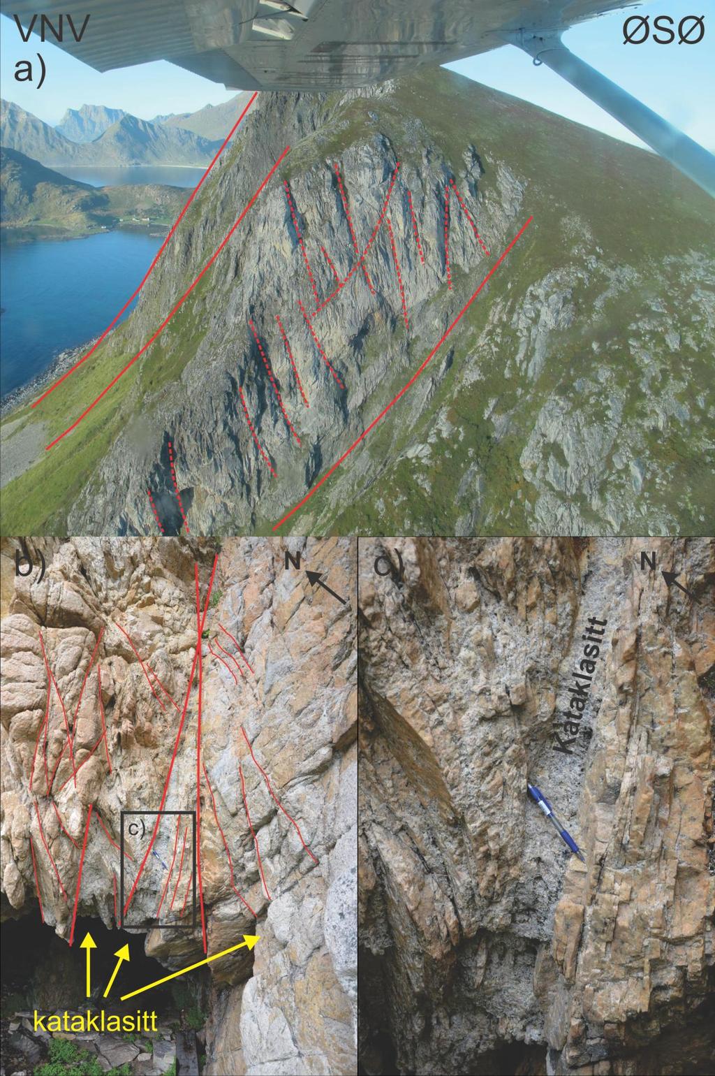 Figur 2.15 a) Flyfoto av eksponert berggrunn i Offersøykammen med prominente NØ-SV strykende bruddplan med fall mot både NV og SØ. b) Ca.