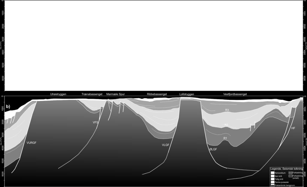Figur 3.2 a) Utolket seismisk linje LO87R07-08, sort linje på indekskartet. b) Tolkning av seismisk linje LO87R07-08.