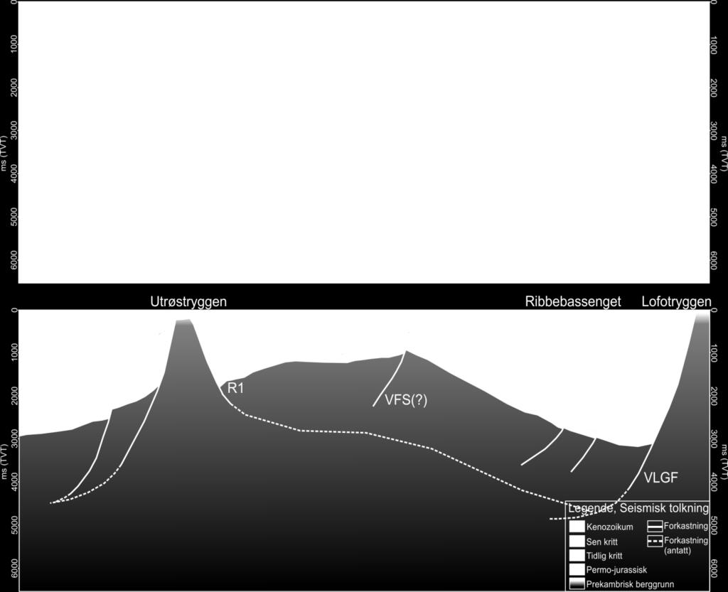Figur 3.4 A) Utolket seismisk linje LO86R07-12, sort linje på indekskart. B) Tolkning av seismisk linje LO86R07-12.