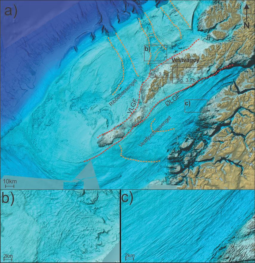 Figur 3.6 a) Topografisk og batymetrisk kart (DEM) av Vestvågøy og den omkringliggende sokkelen. b) Parallelle rygger i en NV-SØ forsenkning på havbunnen. Plassering anvist på indekskart.