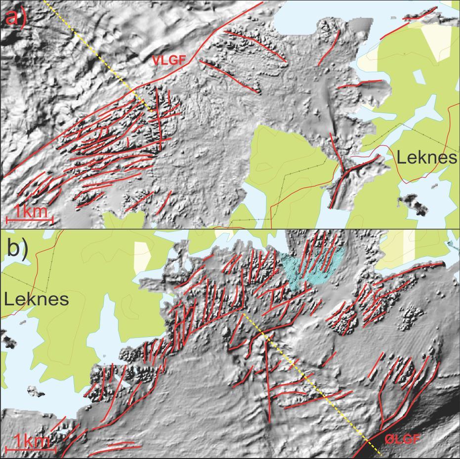 Figur 3.7 a, b) Utsnitt av batymetriske kart over strandflaten i nær tilknytning Vestvågøya på henholdsvis NV og SØ-siden av Lofotryggen. Lokalisering anvist på fig. 3.6a.