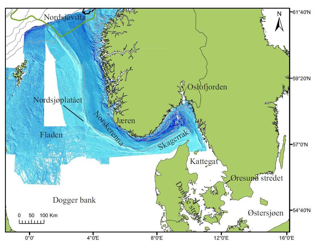 Kapittel 1 Introduksjon Figur 1-1: Batymetrisk oversiktskart over Nordsjøen basert på Olex data fra Skagerrak, Norskerenna og Nordsjøen. Dybdekvotene er 200 m.