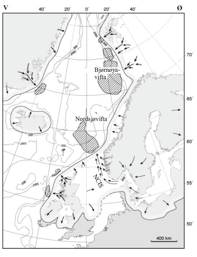 Kapittel 2 Bakgrunn Figur 2-3: Maksimal isutbredelse i Nord- Europa. Isstrømmen i Norskerenna (NCIS) er indikert sammen med piler som viser isens bevegelsesretning. Figur modifisert fra Sejrup et al.