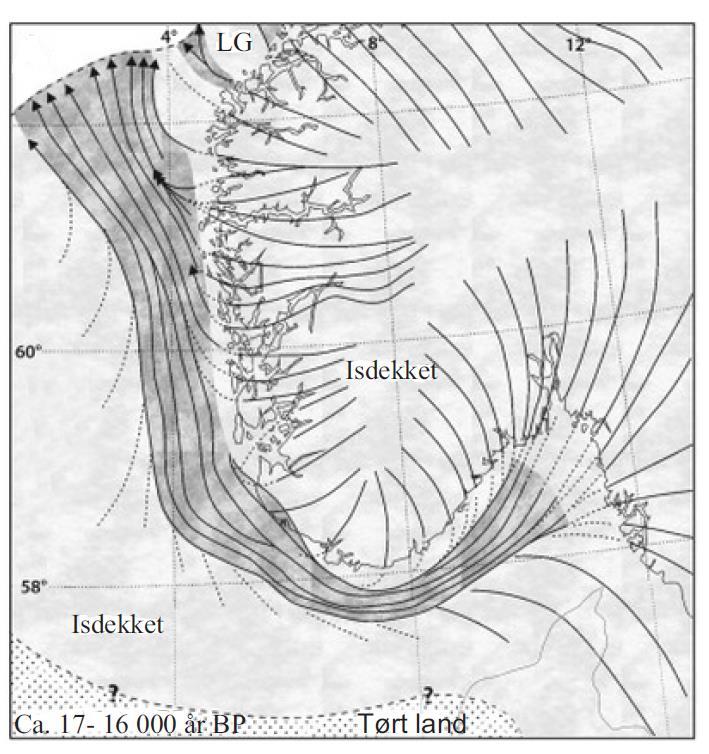 Kapittel 2 Bakgrunn Figur 2-8: Strømningsmønsteret når Norskerenna var aktiv for ca. 17 000-16 000 år BP (Rise et al., 2008). 2.5 