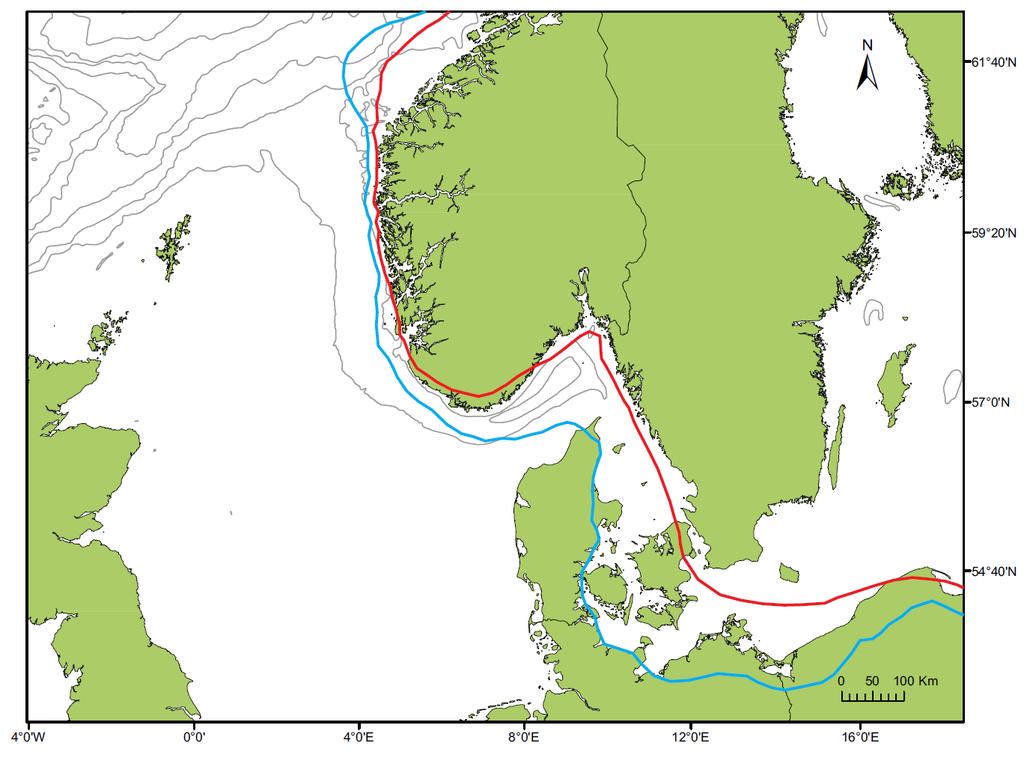 Kapittel 5 Diskusjon Figur 5-3: Den mest sannsynlige isutbredelsen er illustrert for 18 000 år BP (lys blå) og 16 000 år siden (rød). Figuren er basert på Hughes et al. (In review.). Dybdekvotene er 200 m.