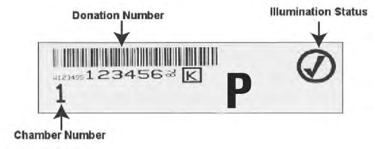 Denne etiketten inneholder følgende: Donasjonsnummer Blodproduktkode Belysningsstatus Kammernummer på belysningsinstrumentet Eksempel på blodplateetikett Donasjonsnummer Belysningsstatus Kammernummer