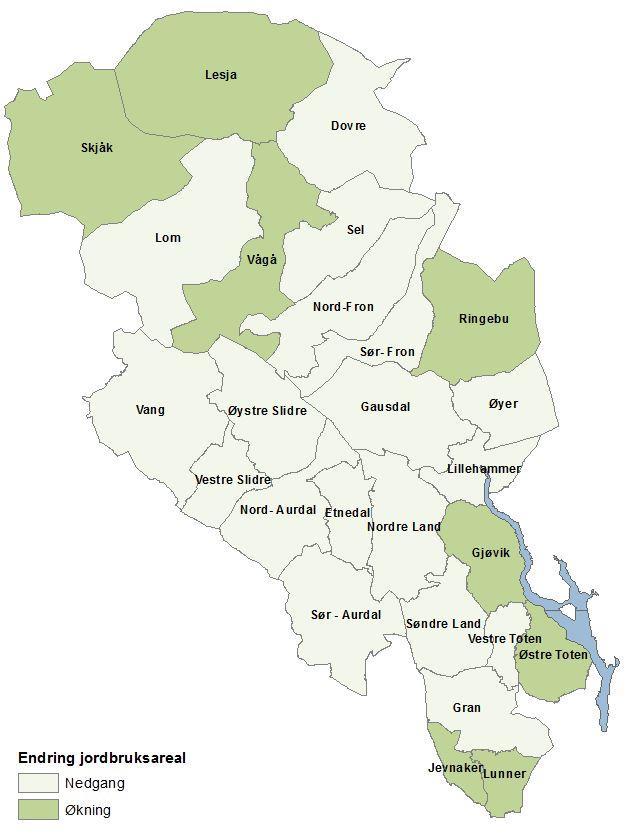 Verdiskaping og potensial - landbruk og landbruksbasert virksomhet i Oppland ØF-rapport 10/2016 Figur 6 Kommuner med hhv økning og nedgang i jordbruksareal 2010-2014 (venstre) og areal i drift 2014 2.