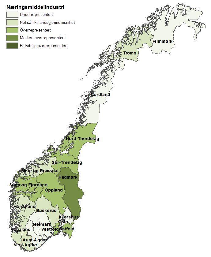 Verdiskaping og potensial - landbruk og landbruksbasert virksomhet i Oppland ØF-rapport 10/2016 Figur 27 Representasjon (målt ved lokaliseringskvotienter). Næringsmiddelindustri ekskl. fiskeforedling.