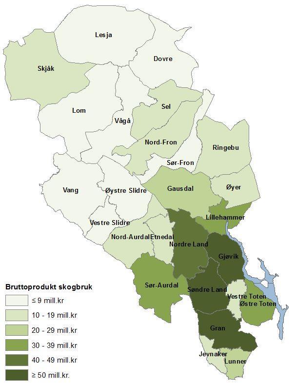 Verdiskaping og potensial - landbruk og landbruksbasert virksomhet i Oppland ØF-rapport 10/2016 Figur 39 Kart: Verdiskaping for skogbruket i Opplandskommuner i 2014. Kilde: beregninger basert på bla.