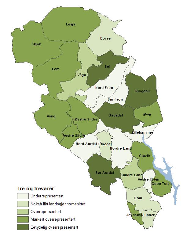 Verdiskaping og potensial i landbruk og landbruksbasert virksomhet i Oppland ØF-rapport xx/2016 Figur 52 Kart: Trelast og trevareindustriens betydning pr.