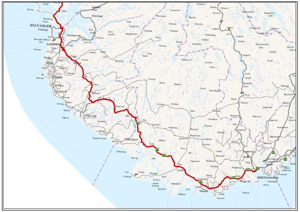 Planstrekning E39 Kristiansand Sandnes Ny E39 Kristiansand - Stavanger Dagens veg 230 km hastighet