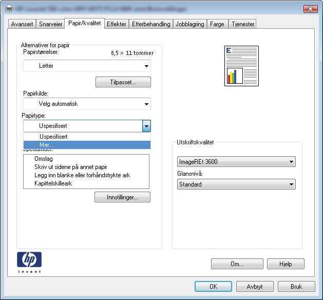 Velge papirtype (Windows) MERK: Produktet ditt ser kanskje annerledes ut enn det som er på bildet, men handlingene er de samme. 1. Velg alternativet Skriv ut ved hjelp av programmet. 2.