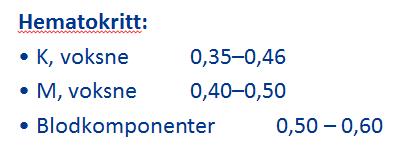 Referanseintervaller, sånn ca Hemoblobin: K, voksne 11,7 15,3 g/dl M, voksne 13,4 17,0 g/dl Blodkomponenter ca 18 20 Trombocytter: Voksne 145 390 10⁹/L Blodkomponenter, fra aferese ca.