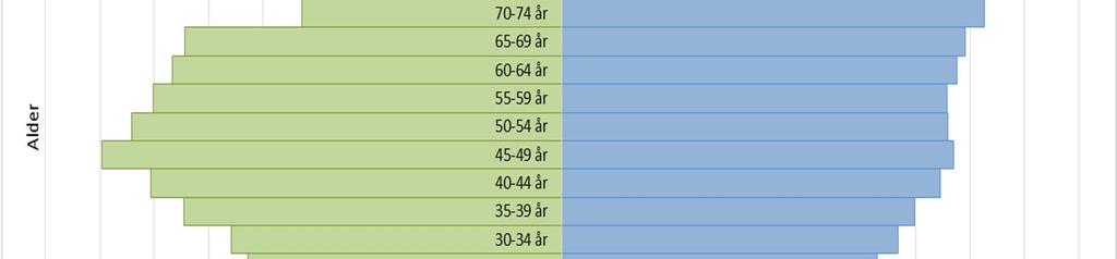 illustrert i ein befolkningspyramide, sjå fig. 2.10. Fig. 2.10: Kilde: SSB.