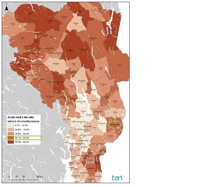 Figur 6: Andel som har 2 km eller mindre til arbeidsplassen.