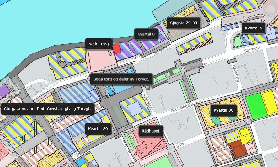 Tillatt gesimshøyde i kvartal 9 og 10 er 6 etasjer/20m mot Sjøgata. I tillegg tillates 2 tilbaketrukne etasjer, totalt 8 etasjer mot Sjøgata og 7 etasjer mot Storgata.