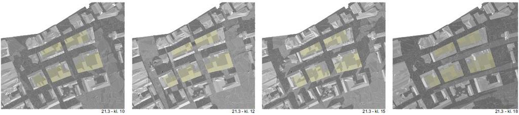 Sol-skyggediagram (se også vedlegg/nettside). Analysene er gjennomført av LINK arkitektur. Illustrasjonen viser sol-skyggeforhold 21.mars ved fire ulike tidspunkt: kl 10, 12, 15 og 18.