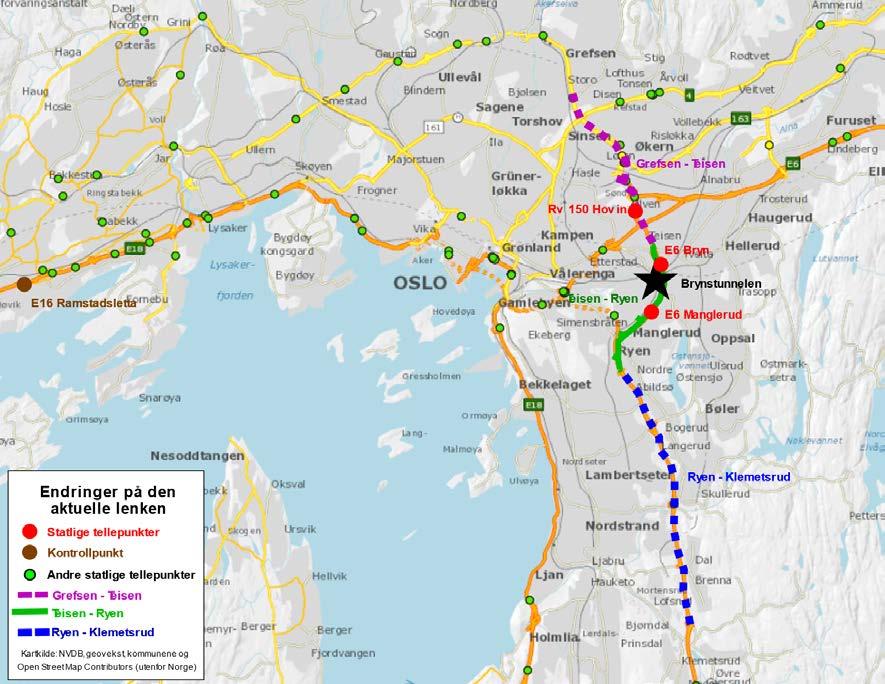 Figur S1: Kartet viser lokalisering av Brynstunnelen, samt tellepunktene (E6 Manglerud, E6 Bryn, Rv 150 Hovin og kontrollpunktet E18 Ramstadsletta) og lenkene (Grefsen-Teisen, Teisen-Ryen og
