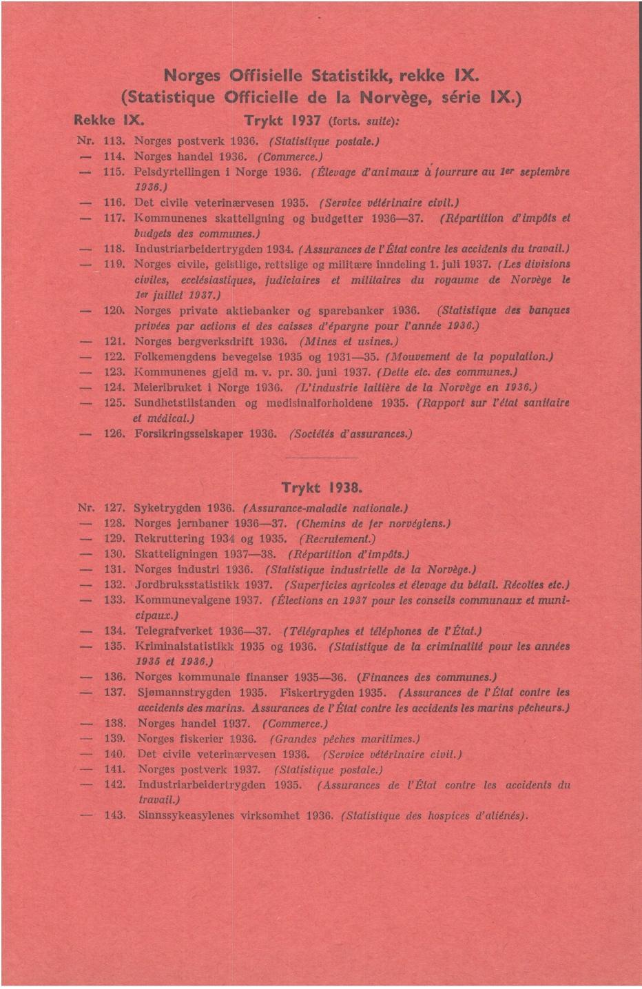 orges Offisielle Statistikk, rekke IX. (Statistique Officielle de la orvège, série IX.) Rekke IX. Trykt 1937 (forts. suite): 113. orges postverk 1936. (Statistique postale.) 114. orges handel 1936.