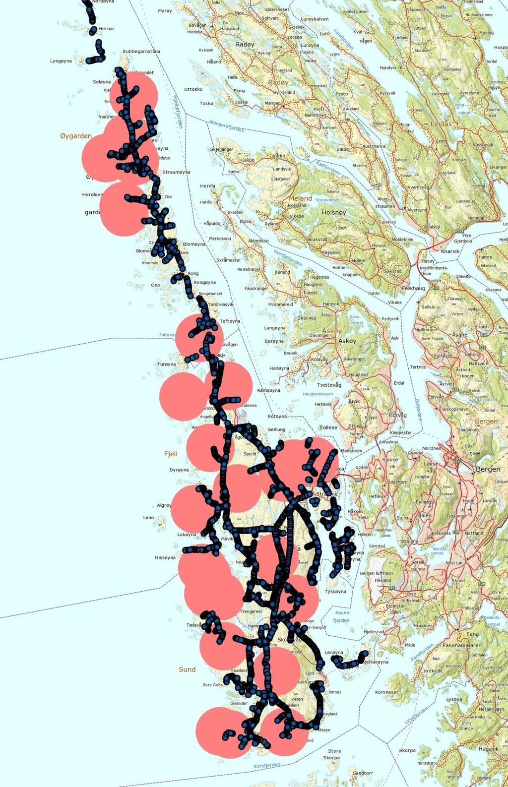 Masterpunkter og 2 km buffer frå reir 22 kv mastepunkter i studieområdet Problemstillinga hubro og kraftliner er høgst