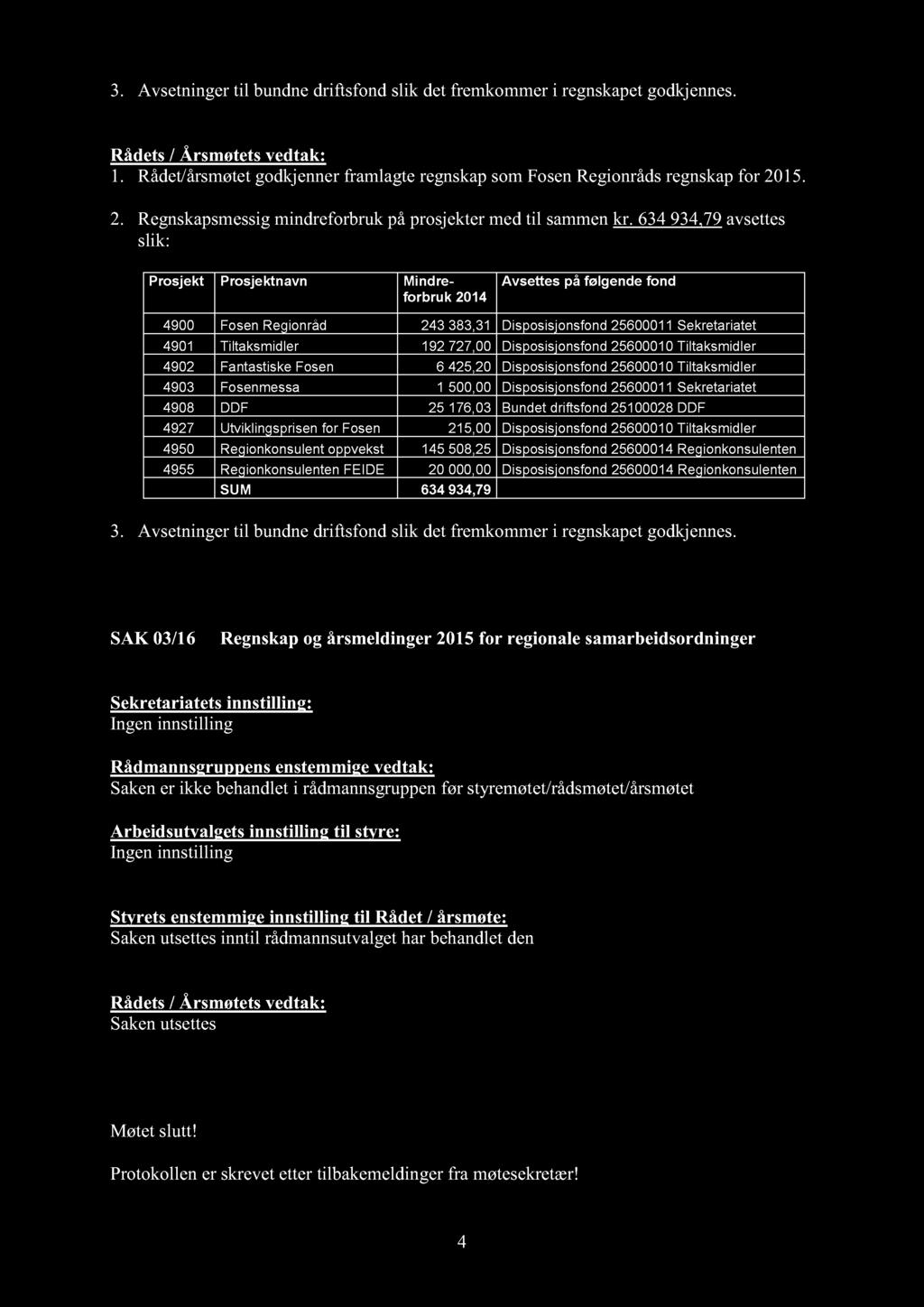 3. A vsetninger til bundne driftsfond slik det fremkommer i reg nskapet godkjennes. Råd ets / Årsmøtets vedtak: 1.