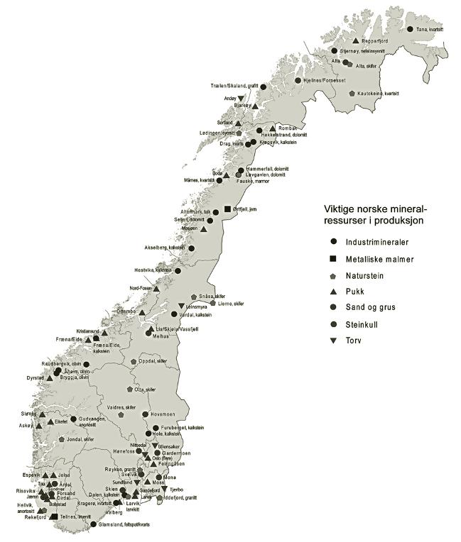 18 Ot.prp. nr. 43 2008 2009 Figur 3.2 Viktige norske mineralressurser i produksjon. Kilde: Mineralressurser i Norge.