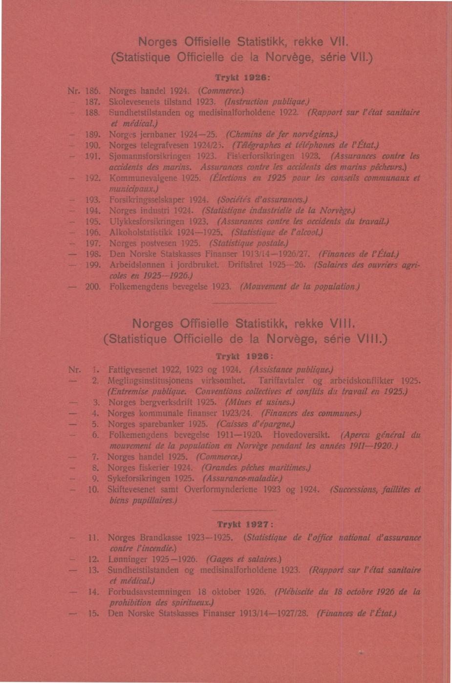 orges Offisielle Statistikk, rekke VII (Statistique Officielle de la orvège, série Trykt 1926: r 186 orges handel 1924 (Commerce) 187 Skolevesenets tilstand 1923 (Instruction publique) 188