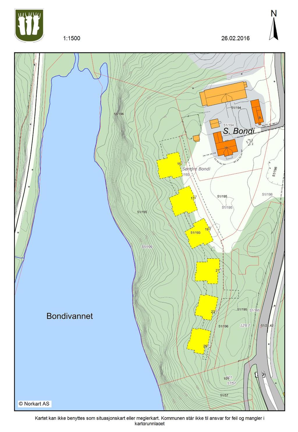 Figur 1: Kartet viser det planlagte utbyggingsområdet med leilighetskomplekene i gult på kartet.