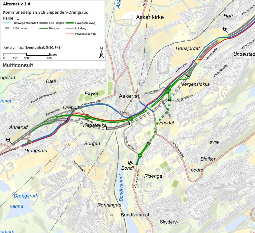 Kommunedelplan E 18 Slependen-Drengsrud Temarapport naturressurser 2.5.2 E18 Drengsrud Høn, alternativ 1.