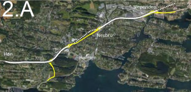 A: E18 med tunnel Holmen Nesbru På parsell 3 Røykenveien fra Lensmannslia tile18 er det utredet tre ulike alternativer: Alternativ 3.