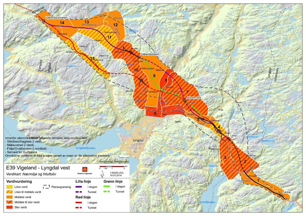 Figur 9-4. Verdikart for Nærmiljø og friluftsliv. Se for øvrig vedlegget Verdikart nærmiljø og friluftsliv 9.3.