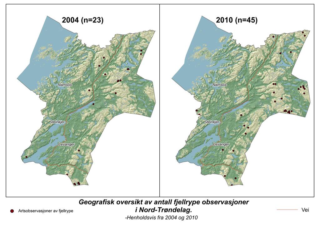 Figur 11: Geografisk oversikt av antall fjellrypeobservasjoner innlagt i