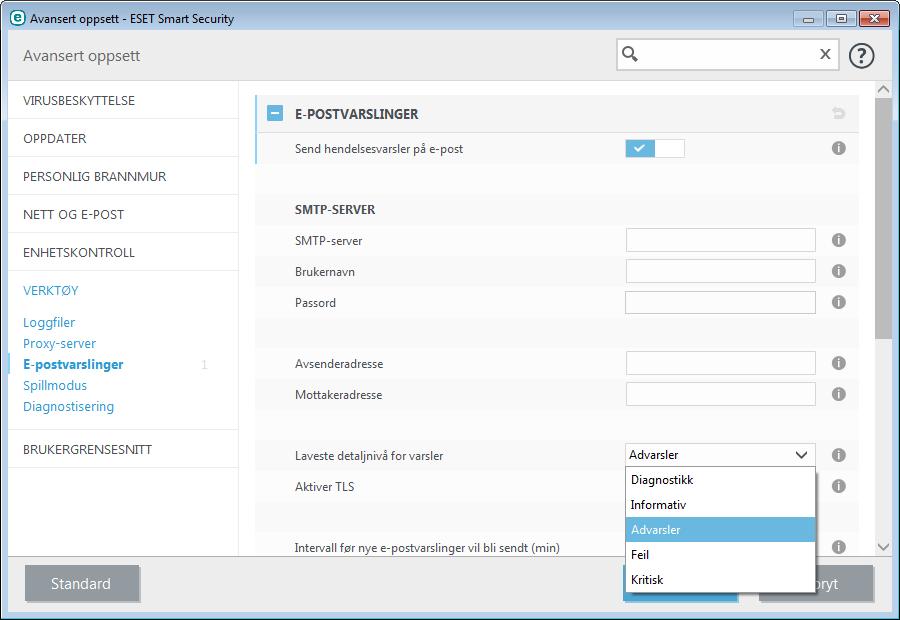 4.6.1.12 E-postvarslinger ESET Smart Security kan automatisk sende e-postvarslinger hvis en hendelse med det valgte detaljnivået oppstår.