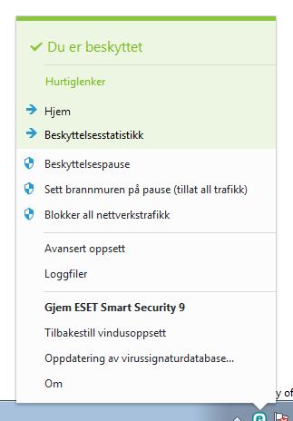 4.7.5 Programmeny Du får tilgang til noen av de viktigste oppsettsalternativene og funksjonene ved å høyreklikke ikonet i statusfeltet. Hurtiglenker viser de mest brukte delene av ESET Smart Security.