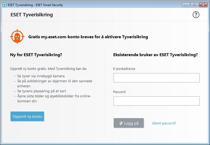 3.4 Tyverisikring For å beskytte datamaskinen din i tilfelle tap eller tyveri kan du velge fra følgende alternativer for å registrere datamaskinen din med ESET Tyverisikring-systemet. 1.