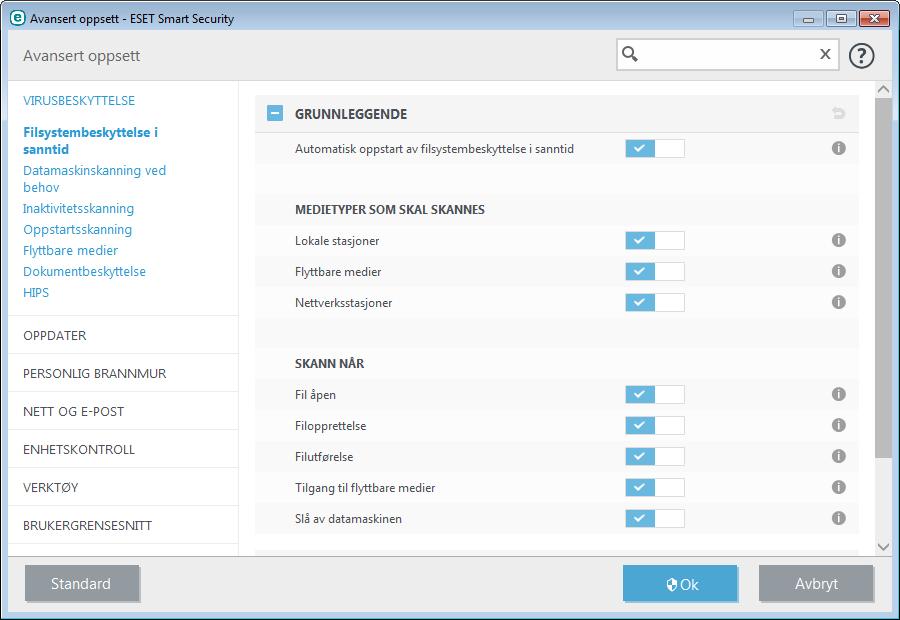 4.1.1.1 Filsystembeskyttelse i sanntid Filsystembeskyttelse i sanntid kontrollerer alle virusrelaterte hendelser på systemet.