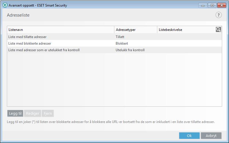 Kontrollelementer Legg til Oppretter en ny liste i tillegg til de forhåndsdefinerte listene. Dette kan være nyttig hvis du vil dele ulike adressegrupper på en logisk måte.
