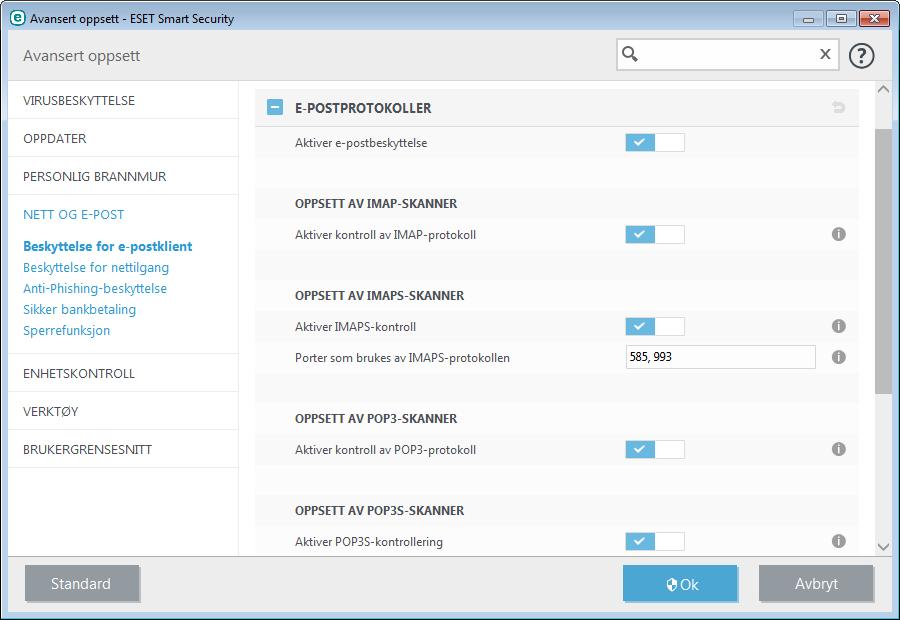 4.2.2.3 Varsler og meldinger E-postbeskyttelse gir kontroll over e-postkommunikasjon som mottas gjennom POP3- og IMAP-protokollene.