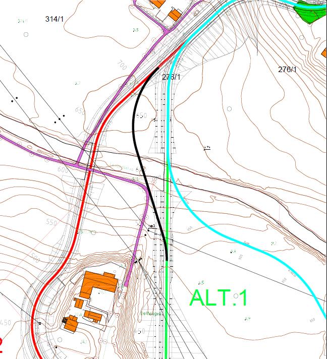 Alternative traceer lokalt Før tilkobling til Sørvegen er linja den samme som det er grunnboret for tidligere, dvs ok. Grunnforholdene må sjekkes ved kryssing elva og videre fram til fv.