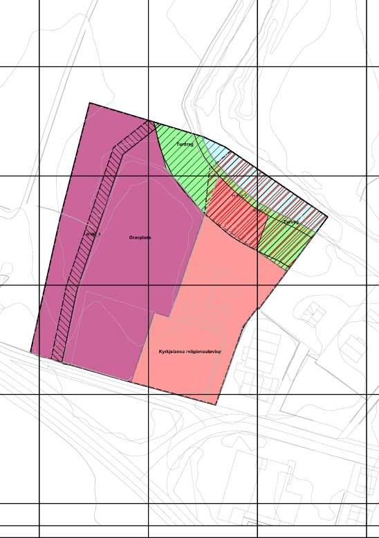 Med tilleggsareal og utviding på 4, 2 dekar, vil gravplass og kyrkje utgjere omkring 12,5 dekar. Føremål i planen er Grav- og urnelund Kyrkje/ anna religionsutøving.