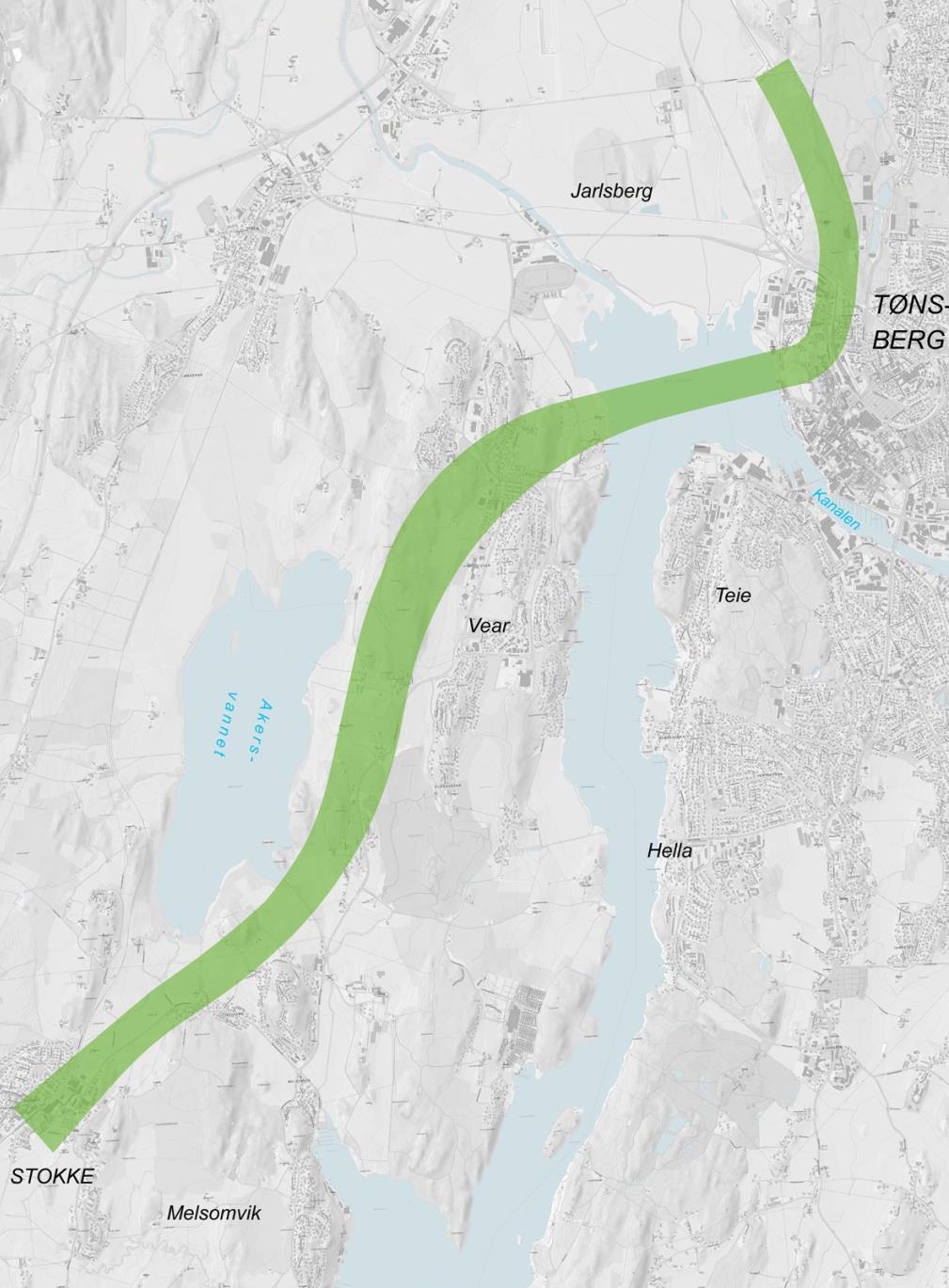 Jarlsberg Vear-korridoren Kortest reisetid på strekningen Tønsberg- Stokke Unngår utfordringene med middelalderbyen der risikoen for grunnvannssenking og setningsskader er størst.