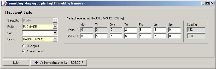 6 Innmelding Her melder du inn frukt, bær og grønsaker til lageret. I morelle og plommesesongen er det viktig at lageret har gode prognosar på kor mykje som vil verta innlevert dei næraste dagane.