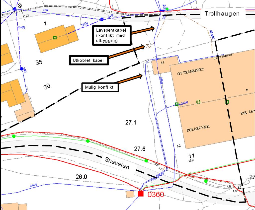 Kartskisse som viser høyspentkabler (rødt) og lavspentkabler (blått) for planområdet. Innspill fra Nordlandsnett 29.08.14 (redigert av Norconsult). 6.