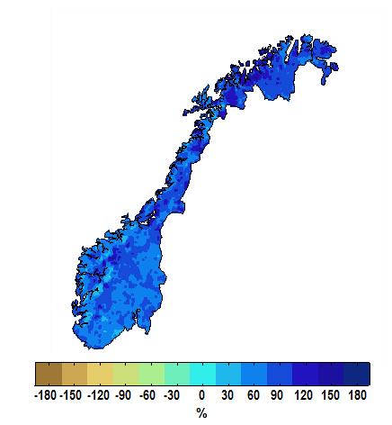 a) b) Figur 6: Prosentvis endring i antall dager med kraftig nedbør fra 1971 2000 til 2031 2060 (a) og 2071 2100 (b) for scenariene RCP4.5 