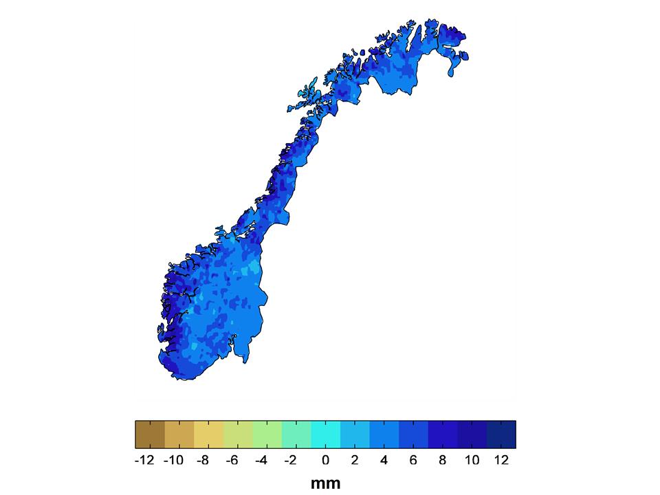 Figur 8: Endring i nedbørintensitet (mm/døgn) på dager med kraftig nedbør fra 1971 20