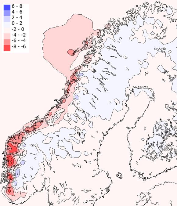 Figur 11: Endring i antall dager med mer enn 10 mm nedbør og temperatur