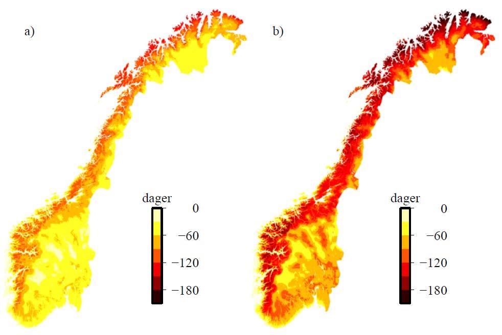 snøsesongen bli fra ca. 1-6 måneder kortere. For begge utslippsscenariene betyr dette at lavereliggende, kystnære områder kan bli snøfrie de fleste år.