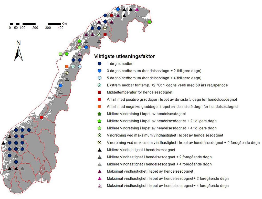 Figur 17 Oppstilling av de viktigste værparametere som fører til snøskred i et grid på 50 x 50 km. 4.2.