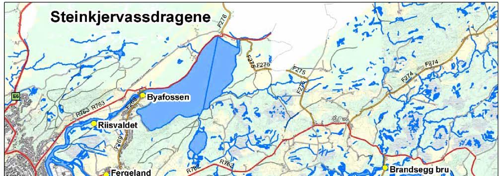 Figur 1. Kart over Steinkjervassdragene; Bya, Ogna og Figga. Plassering av hoveddoseringsstasjoner er avmerket med gule sirkler og stedsnavn. Kartlegging av intensitet (antall gyro pr.