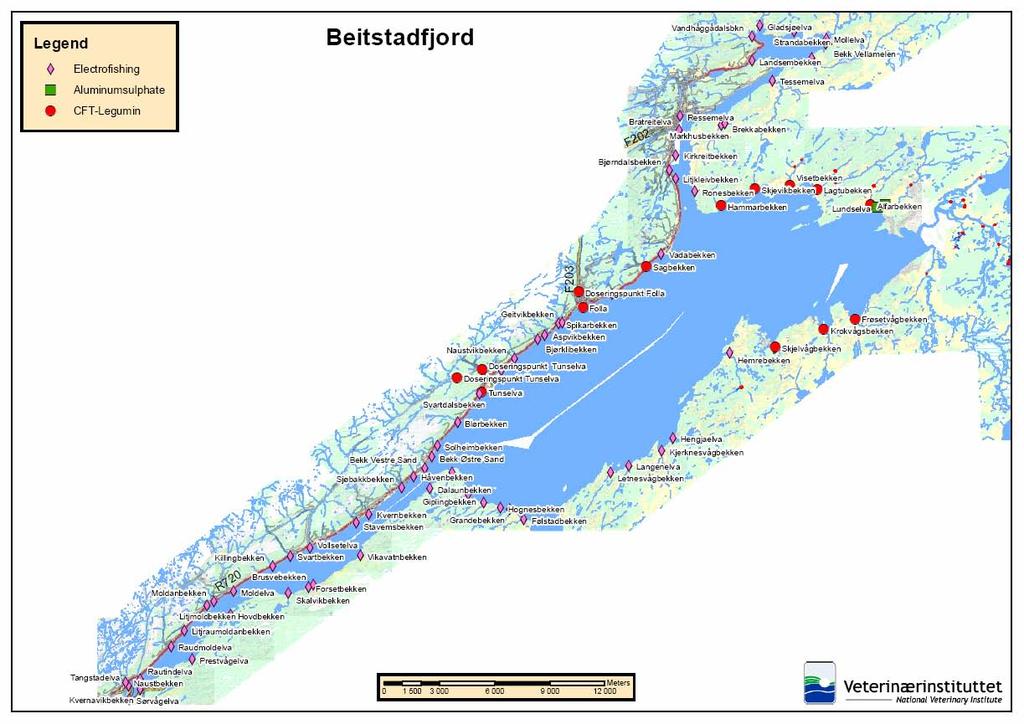 Figur 2. Kart over Beitstadfjorden. Bekker som ble planlagt behandlet med CFT-Legumin er merket med rød sirkel.